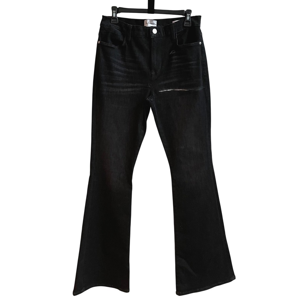 FRAME Le High Flare Jeans Black Denim Distressed‎ Size 31